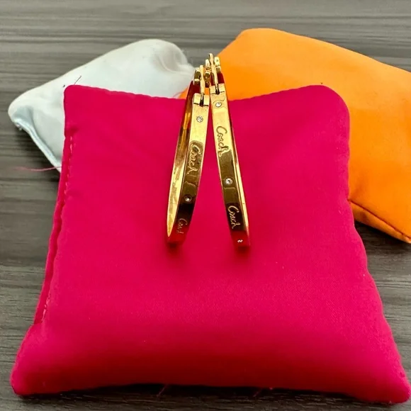 Coach Gold Hoop Earrings with Coach Script & Stones - Picture 1 of 5